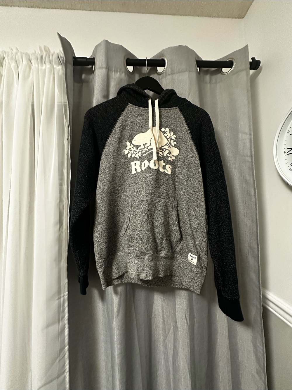 Roots Grey and Black Crewneck Hoodie with Cream Logo